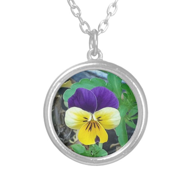Purple & Yellow Pansy Silver Plated Necklace (Front)