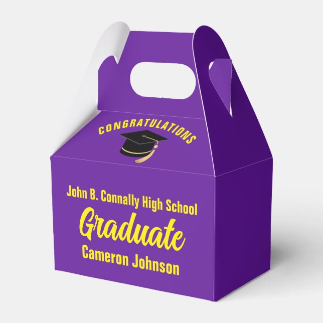 Purple Yellow Personalized Graduation Party Favor Boxes (Front Side)