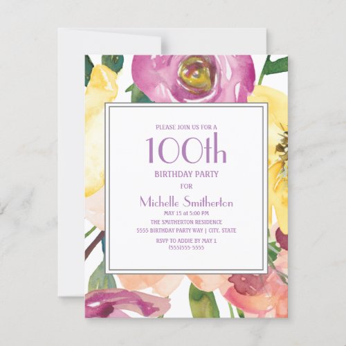 Purple Yellow Pink Floral 100th Birthday Invitation