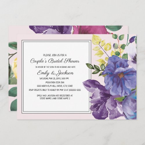 Purple Yellow Pink Floral Couples Bridal Shower Invitation