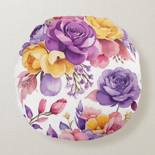  purple yellow pink floral decoration watercolor round pillow
