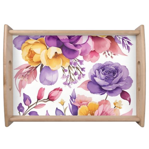 purple yellow pink floral decoration watercolor serving tray