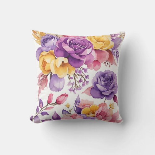  purple yellow pink floral decoration watercolor throw pillow
