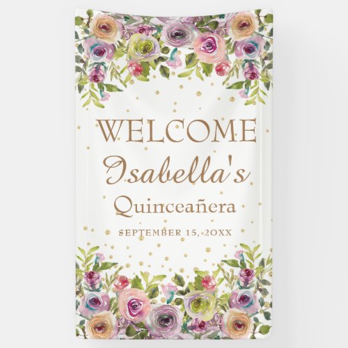 Purple Yellow Pink Floral Gold Glitter Quinceaera Banner