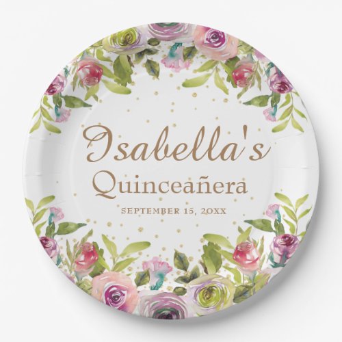 Purple Yellow Pink Floral Gold Glitter Quinceaera Paper Plates