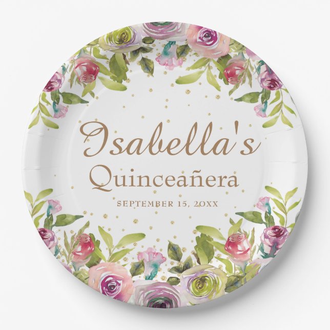 Purple Yellow Pink Floral Gold Glitter Quinceañera Paper Plates (Front)