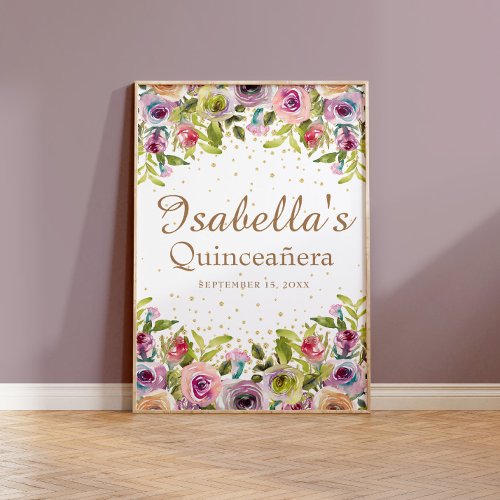 Purple Yellow Pink Floral Gold Glitter Quinceaera Poster