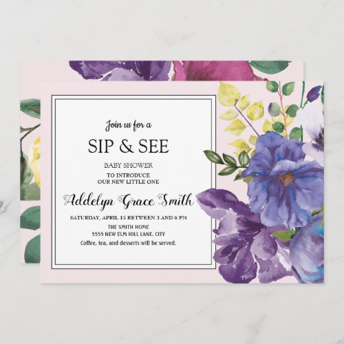 Purple Yellow Pink Floral Sip See Baby Shower Invitation