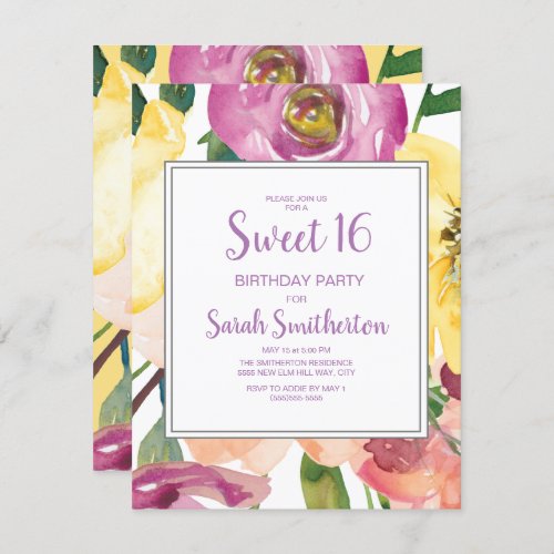 Purple Yellow Pink Floral Sweet 16 Birthday Invitation