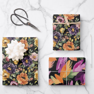 Purple Yellow Pink Orange Flowers Bridal Shower Wrapping Paper Sheets