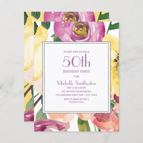 Purple Yellow Pink Watercolor Floral 50th Birthday Invitation