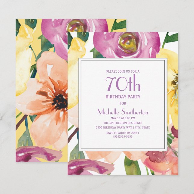 Purple Yellow Pink Watercolor Floral 70th Birthday Invitation (Front/Back)