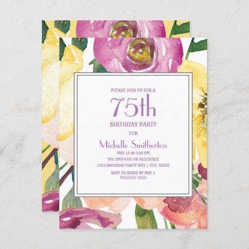 Purple Yellow Pink Watercolor Floral 75th Birthday Invitation