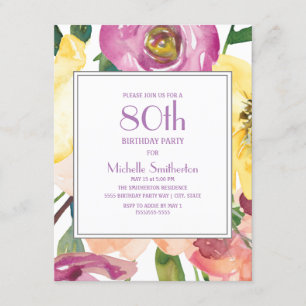 Purple Yellow Pink Watercolor Floral 80th Birthday Invitation
