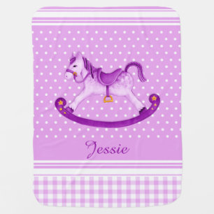Purple yellow rocking horse art name baby blanket