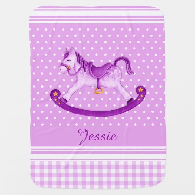 Purple yellow rocking horse art name baby blanket (Front)
