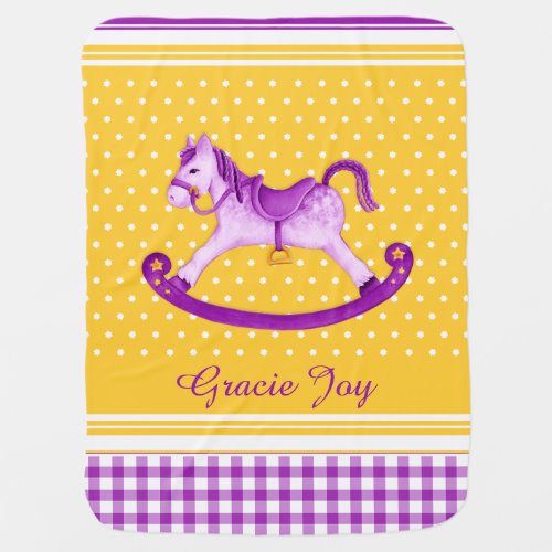 Purple yellow rocking horse art name baby blanket