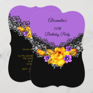 Purple Yellow Rose Birthday Party Black Floral Invitation