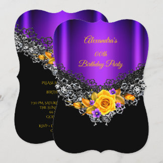 Purple Yellow Rose Birthday Party Black Silver Invitation