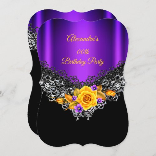 Purple Yellow Rose Birthday Party Black Silver Invitation