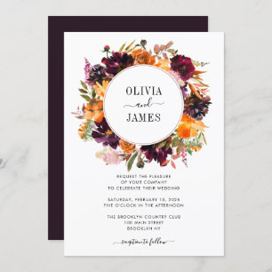 Purple Yellow Rose Burgundy Floral Autumn Wedding Invitation