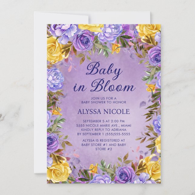 Purple Yellow Roses Peonies Baby in Bloom  Invitation (Front)