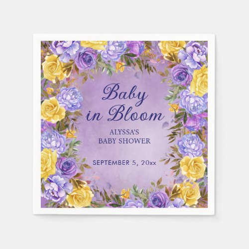 Purple Yellow Roses Peonies Baby in Bloom Shower  Napkins