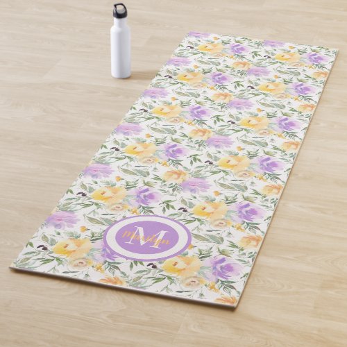 Purple Yellow Roses Watercolor Flower Floral Yoga Mat