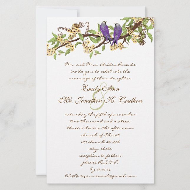 Purple Yellow Rustic Love Bird Wedding Invitations (Front)