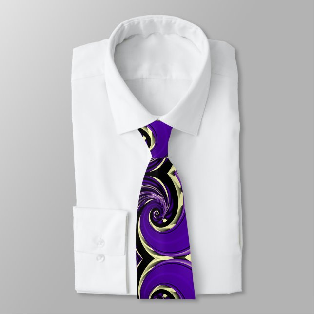 Purple Yellow Spiral Spin, Abstract Whirl Pattern Neck Tie (Tied)