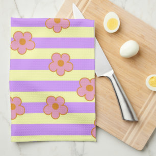 Purple Yellow Stripe Tropical Floral Botanical  Kitchen Towel