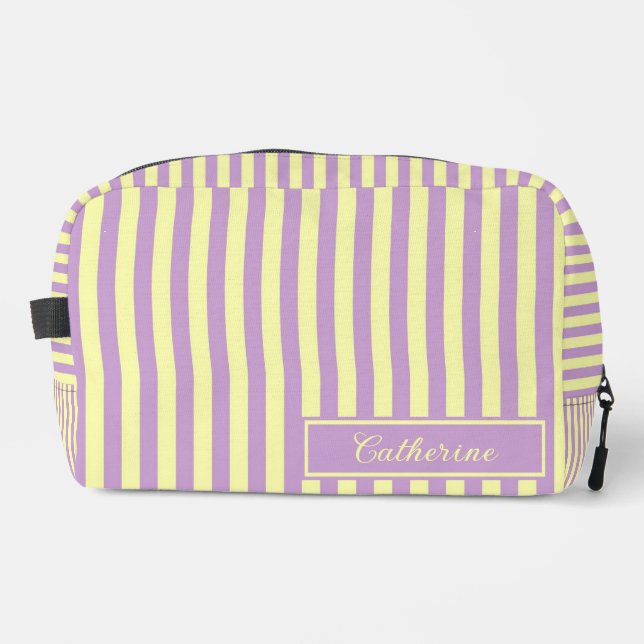 Purple & Yellow Stripes Abstract Retro Pretty Dopp Kit (Front)