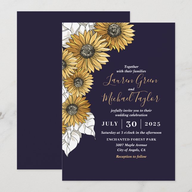 Purple Yellow Sunflower Spring Floral Wedding Invitation (Front/Back)