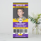 Purple|Yellow Ticket Style Baseball Birthday Party Invitation (Standing Front)