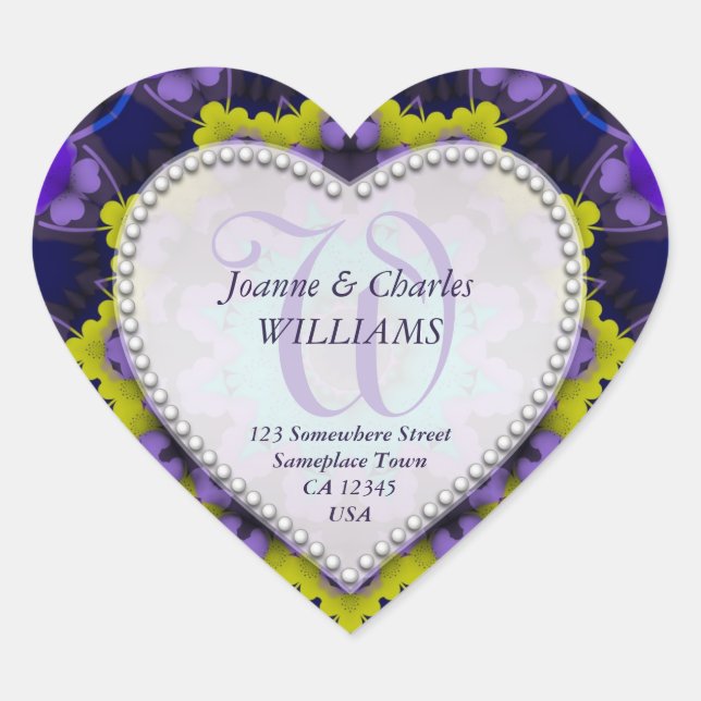 Purple Yellow Unique Monogram Wedding Stickers (Front)