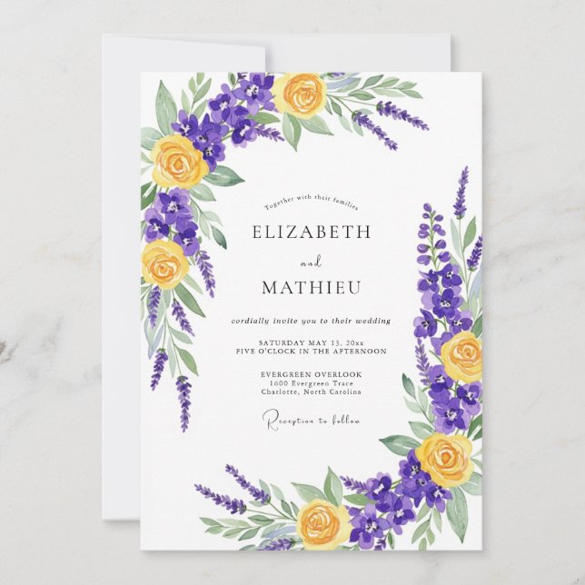 Purple Yellow Vibrant Meadow Wedding Invitation (Front)