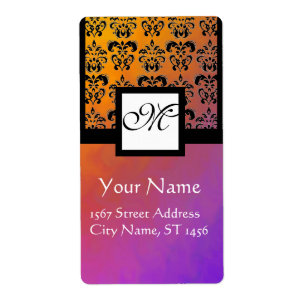 PURPLE YELLOW VIOLET BLACK DAMASK, SQUARE MONOGRAM LABEL