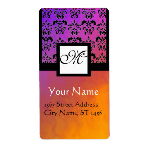 PURPLE YELLOW VIOLET BLACK DAMASK, SQUARE MONOGRAM LABEL