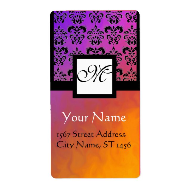 PURPLE YELLOW VIOLET BLACK DAMASK, SQUARE MONOGRAM LABEL (Front)