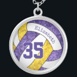 purple yellow volleyball jewelry team sports girls<br><div class="desc">This purple, yellow and white custom team colors volleyball necklace for girls features a purple, yellow and white volleyball graphic that has a girly floral kaleidoscopic pattern blended with the purple and yellow volleyball panels and an abstract swirl pattern blended with the white panels - her name and jersey number...</div>