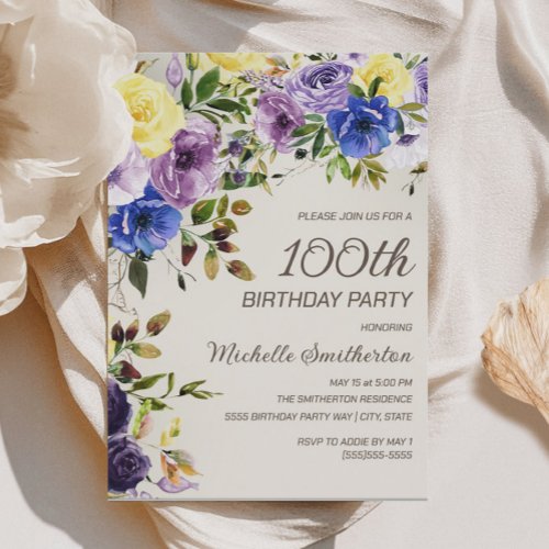 Purple Yellow Watercolor Floral 100th Birthday Invitation