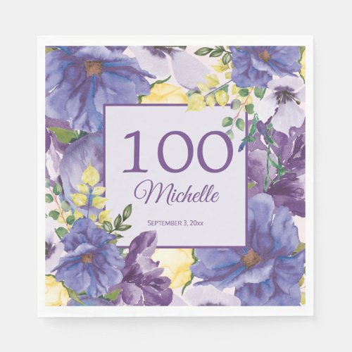 Purple Yellow Watercolor Floral 100th Birthday Napkins