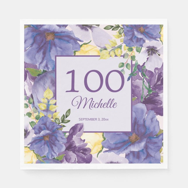 Purple Yellow Watercolor Floral 100th Birthday Napkins (Front)