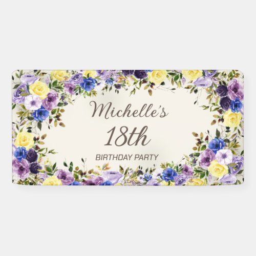 Purple Yellow Watercolor Floral 18th Birthday Banner