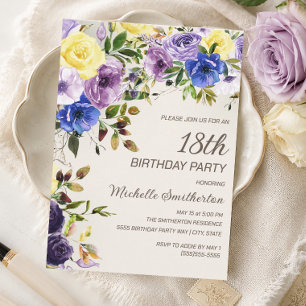 Purple Yellow Watercolor Floral 18th Birthday Invitation
