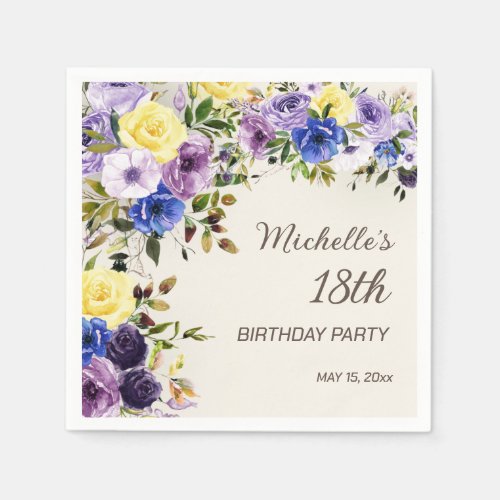 Purple Yellow Watercolor Floral 18th Birthday Napkins