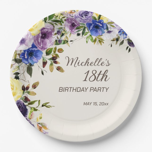 Purple Yellow Watercolor Floral 18th Birthday Paper Plates (Front)