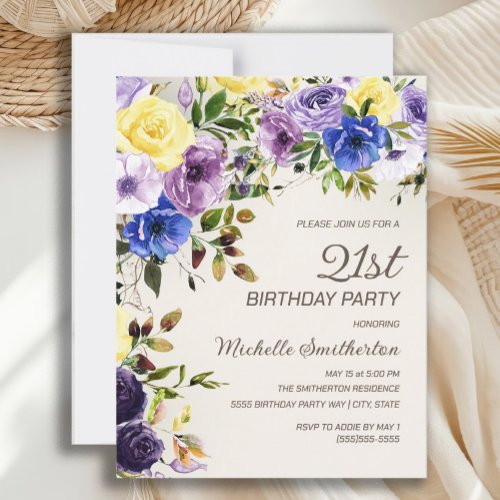 Purple Yellow Watercolor Floral 21st Birthday Invitation