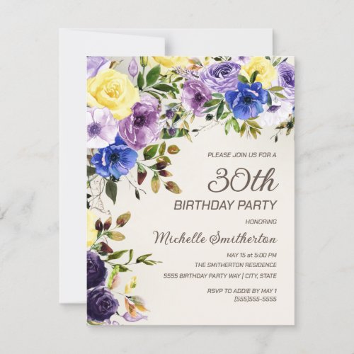 Purple Yellow Watercolor Floral 30th Birthday Invitation