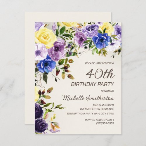 Purple Yellow Watercolor Floral 40th Birthday Invitation